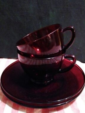 Vintage Ruby Red Glass Cups Saucers Set Cafe Tea Coffee Anchor Hocking Cafecore